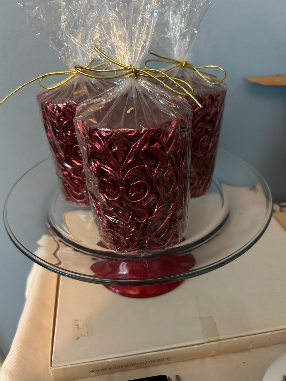 Cranberry Red Embossed w/Roses Pillar Candles X 1 Only.  I have 3 Available NEW
